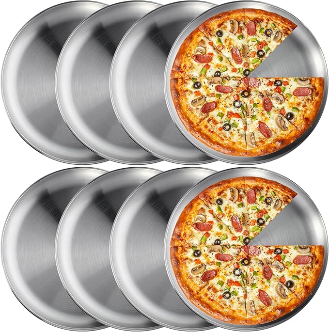 8 Pieces 12 Inch Pizza Pans Bulk Stainless Steel Sets Round Bakeware Pizza Trays for Oven Kitchen Baking Home Restaurant Safe Sturdy Reusable Easy Clean