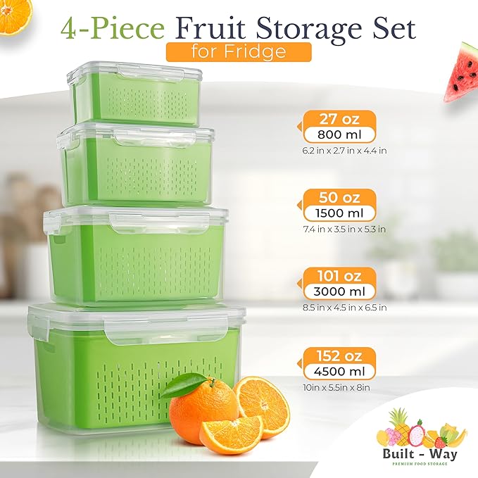 Fruit Storage Containers for Fridge - Keep Fruit & Veggie Fresh Longer - Rinse & Store Produce with Strainer - Berry/Vegetable Stackable Organizer - BPA-Free, Dishwasher Safe