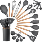 HaWare Kitchen Cooking Utensils Set, 23-Piece Silicone Kitchen Utensils Spatula Set with Holder, Heat Resistant Wooden Handle Kitchen Gadget for Nonstick Cookware, Food-grade Turner Spoon Sets (Grey)