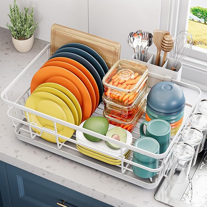 Dish Drying Rack for Kitchen Counter, Large Dish Racks with Drainboard, Kitchen Sink Dish Strainer Rack, Countertop Dish Drainer Rack with Cup & Utensil Holders, Dish Dryer Rack Large Sizw White