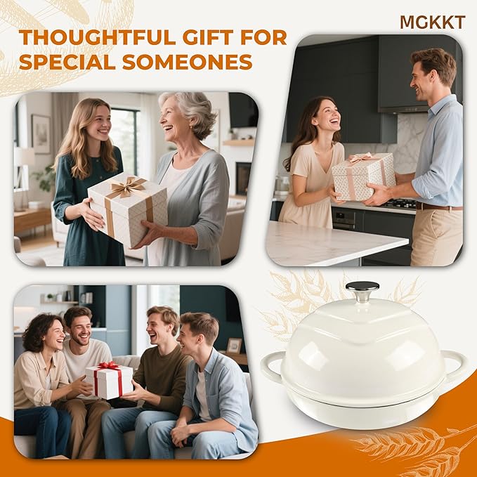 MGKKT Enameled Cast Iron Dutch Oven Pot for Sourdough Bread Baking, 5 Quart Non Stick Cloche Homemade Bread Oven with Lid, Baking Gifts, Alpine Oat White
