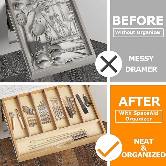 WelFurGeer Solid Birch Wood Silverware Drawer Organizer, Wooden Cutlery Drawer Organizer, Utensil Tray for Kitchen Drawers, Kitchen Utensil Organizer for Silverware, Flatware, Spoons, Forks, Knives