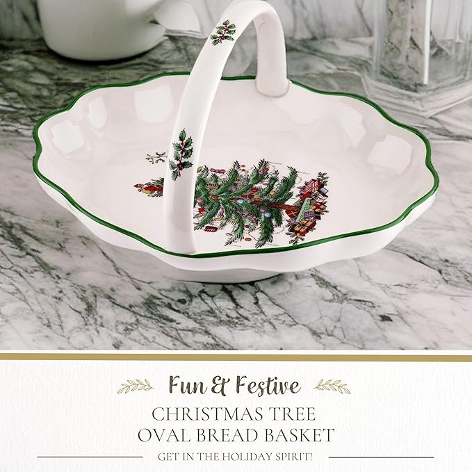 Spode Christmas Tree Oval Breadbasket, 10 Inch Handled Bowl for Fruit, Bread, Cookies - Fine Earthenware Gift, Festive Tabletop Holiday Serveware & Seasonal Decor, Dishwasher Safe Tableware
