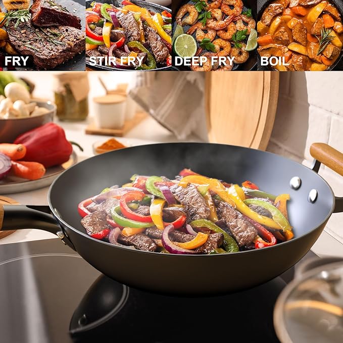 imarku NonStick Wok Pan, 12.5 inch Woks & Stir-Fry Pans Nonstick, Cast Iron Wok with Detachable Handle, Easy Clean Nonstick Frying Pan, Compatible with All Cooktops, Best Gifts for Women/Men
