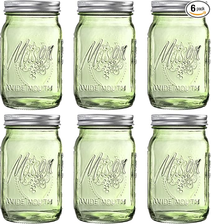 WELLIFE Mason Jars 32 oz - 6 Pack Green Large Mason Jars Wide Mouth,Glass Jar with Lid for Canning, Pickling, Food Storage, Fermenting, DIY Crafts & Decor, Reusable