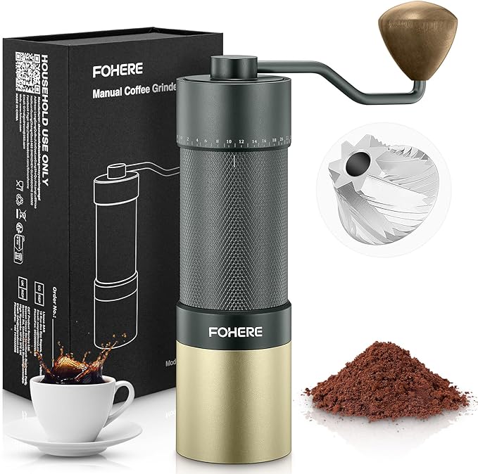 FOHERE Manual Coffee Grinder Capacity 30g with CNC Stainless Steel Conical Burr, Adjustable Coarseness for Espresso, Drip Coffee, and French Press, Portable Hand Grinder