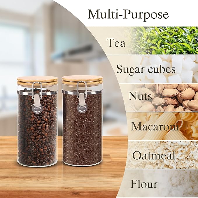 Glass Storage Jars Set Elegant Containers with Airtight Bamboo Lids, Perfect for Kitchen Organization - Flour, Rice, Pasta, Sugar, Coffee Beans, Accessories Included (Coffee Jar x 2)