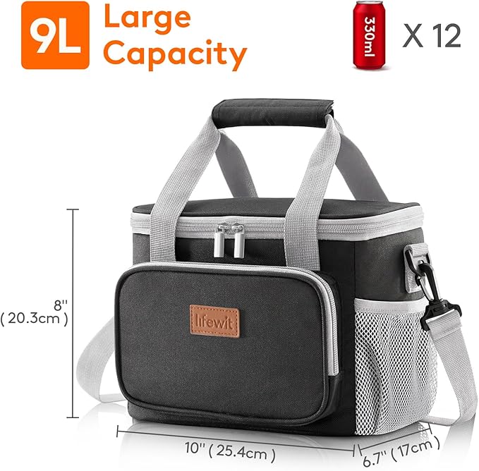 Lifewit Medium Lunch Bag Insulated Lunch Box Soft Cooler Cooling Tote for Adult Men Women, Gray and Black 12-Can (9L)