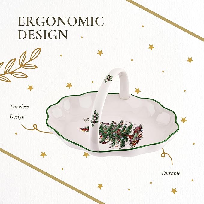 Spode Christmas Tree Oval Breadbasket, 10 Inch Handled Bowl for Fruit, Bread, Cookies - Fine Earthenware Gift, Festive Tabletop Holiday Serveware & Seasonal Decor, Dishwasher Safe Tableware