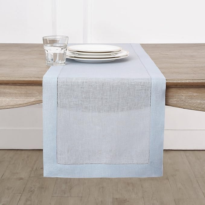 Solino Home Linen Light Blue Table Runner 60 Inches - Classic Hemstitch, 100% Pure Linen Coffee Table Runner 14 x 60 Inch Ideal for Dresser Tables - Summer