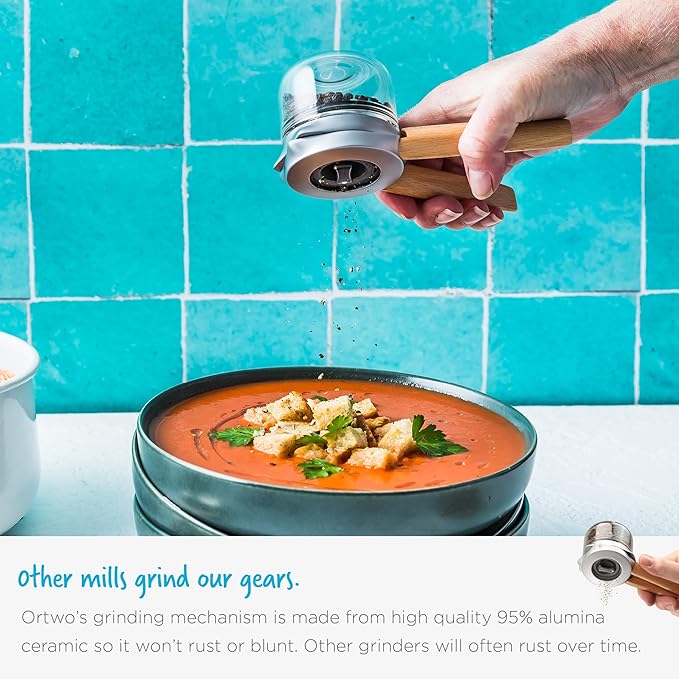 Dreamfarm Ortwo Original Ergonomic 1-or-2-Handed Re-Fillable Pepper, Spice, Seed, Coffee Mill with 6 Grind Settings - 2oz Beechwood