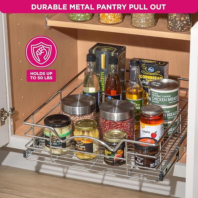 HOLDN’ STORAGE Pull Out Cabinet Organizer, Individual Sliding Drawers - Heavy Duty Metal with Lifetime Limited Warranty - Anti Rust Chrome Finish (Single Tier, 14" W)