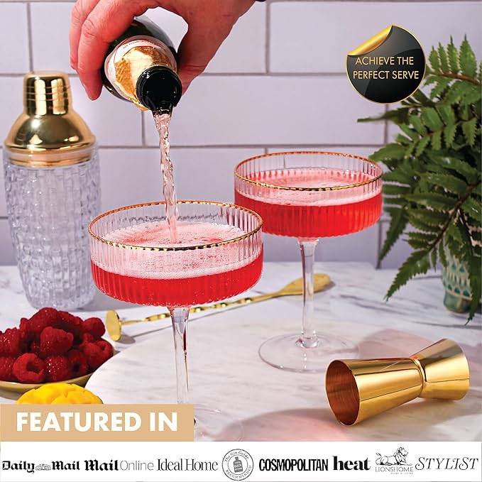 VEMACITY - Luxury Gold Cocktail Shaker Set - 15oz Glass Shaker with Strainer, 2 Gold-Rim 10oz Ribbed Martini Glasses and Bar Tools - Wedding Gift and Gift Sets