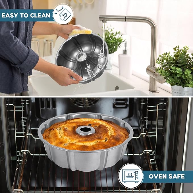 Onader Fluted Cake Pan, 10 Inch Nonstick Round Tube Baking Pan for Pound Cake, 10 Cups Large Heavy Duty Carbon Steel Baking Mold Bakeware, Gray