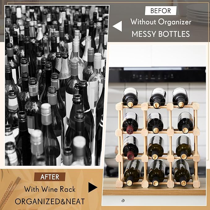 Juexica 12 Bottles Wooden Wine Rack Stackable Modular Storage Racks DIY Assembly Wine Bottle Holder for Inside Cabinet Countertop Cellar Racks(1 Pack)