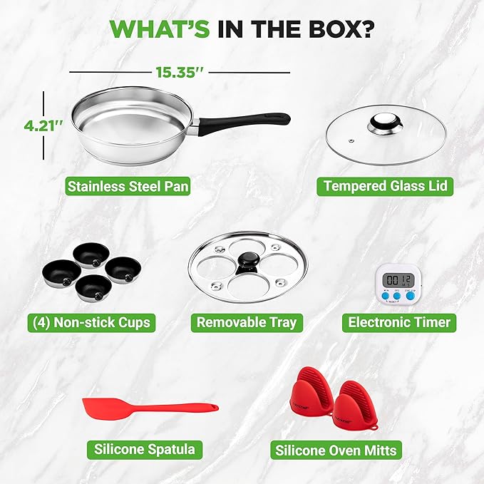 NutriChef Egg Poacher Pan Set - 7.87” Stainless Steel Poached Egg Cooker with 4 Non-Stick Poaching Cups, Glass Lid, Timer, Oven Mitt, and Spatula for Perfect Poached Eggs, Induction Compatible, Silver