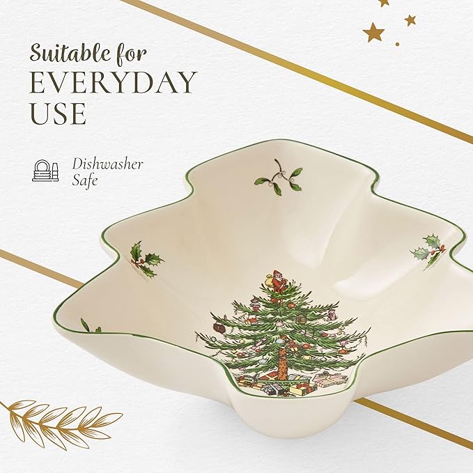 Spode Christmas Tree Serving Dish, 9-inch Tree-Shaped Bowl, Fine Earthenware, Dishwasher Safe, Decorative Christmas Serveware, Festive Tableware, Holiday Entertaining, Christmas Home Décor