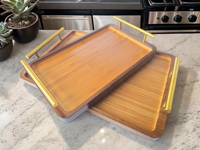 Bamboo Serving Tray with Gold Handles - Large Wood Serving Tray for Breakfast in Bed, Coffee Table, Dinner & bar - Decorative Bed Table Tray for Kitchen or Bedroom（14" x 9.5" x 2"）