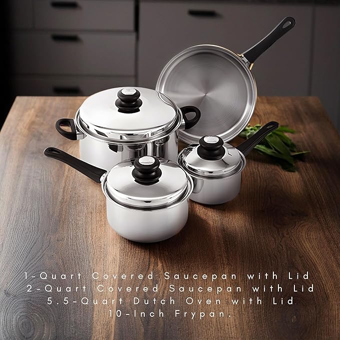 Lynns Saturn 7 Piece Cookware Set; Stainless Steel, PFTE & PFOA Free, Freezer to Oven Safe, Induction Compatible; 1QT & 2QT Saucepans, 5QT Dutch Oven, 10" Open Frypan