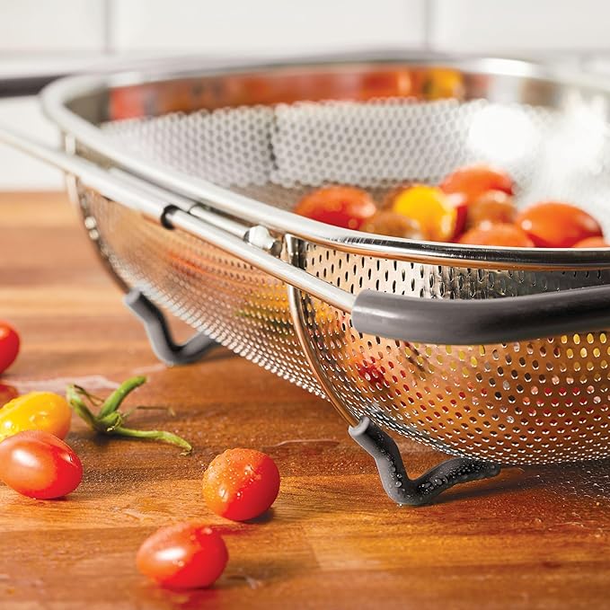 Rachael Ray Tools and Gadgets Over-The-Sink Colander/Strainer for Pasta, Fruits, Veggies, Expandable Silicone Grips, Dishwasher Safe, 4.5 Quart, Stainless Steel with Gray Handles