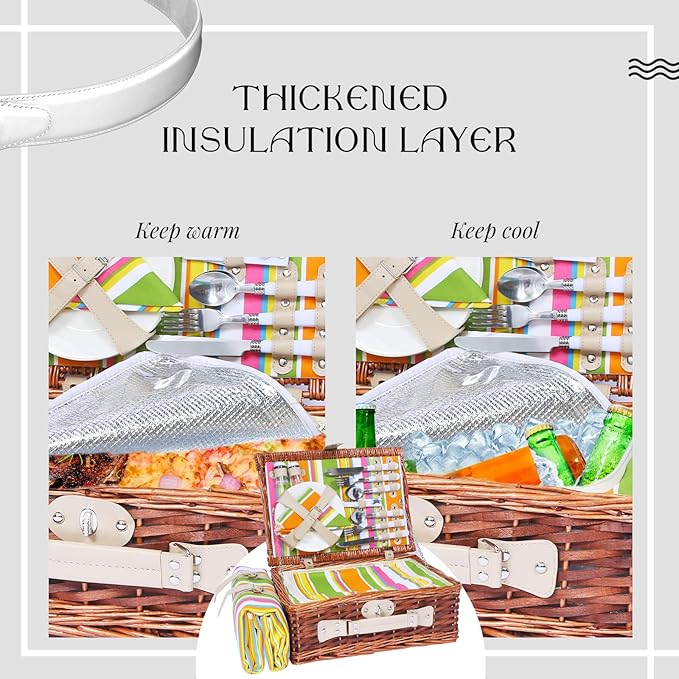 Picnic Basket Set for 4 with Waterproof Blanket Mat Insulation Bag Wicker Rainbow Stripe Cute Hawaiian Tropical Gift for Wedding Birthday Summer Camp Outdoor Camping Beach Travel Christmas