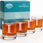 Monogrammed Gifts for Men - 4PC 11 Oz Custom Whiskey Glasses (I-Monogram) - Engraved Whiskey Glasses - Personalized Whiskey Glasses - Unique Bourbon Glasses - Personalized Glass Gifts for Dad