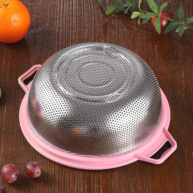 Stainless Steel Colander With Handle and Legs, Large Metal Pink Strainer for Pasta, Spaghetti, Berry, Veggies, Fruits, Noodles, Salads, 5-quart 10.5” Kitchen Mesh Colander, Dishwasher Safe