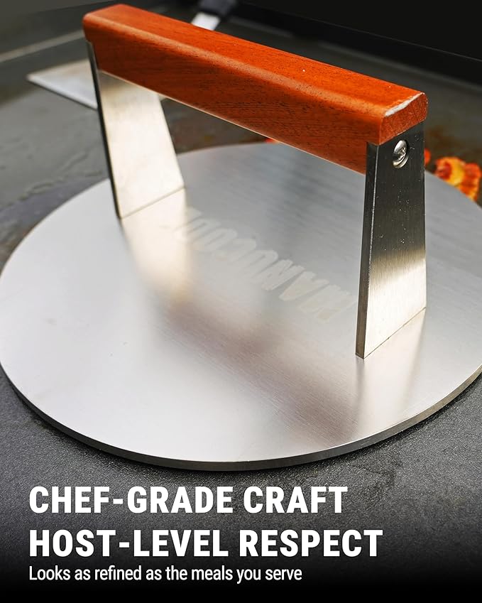 Smash Burger Press, 3.8-Lb Burger Smasher, 9-Inch Bacon Press for Batch Cooking, Stainless Steel, Easy to Clean and Seasoning Free, Heatable for Searing Panini, Steak, Chicken, Fish, Round