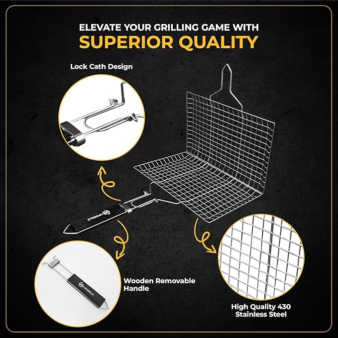 Fish Grill Baskets for Outdoor Grill Vegetables, Fish Grilling rack for Grill, BBQ Grilling Basket, Stainless steel Grill Basket for Veggies, shrimp Includes 50 skewers, Silicon Brush, and Carry Bag
