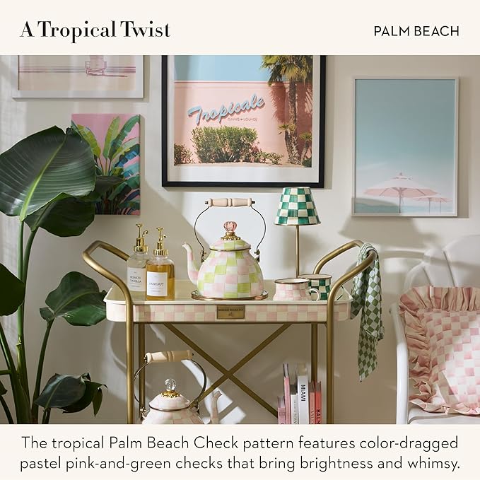 MACKENZIE-CHILDS Enamel Tea Kettle, Cute Tea Kettle for Stovetop, 2 Quarts, Pastel Pink-and-Green Palm Beach Check