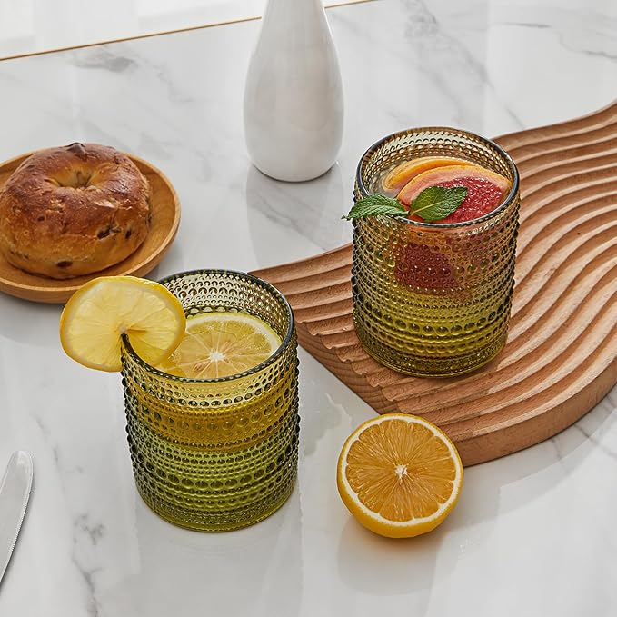 Hobnail Drinking Glasses Set of 6, 12 oz Vintage Glassware Set Cocktail Glass Set, Embossed Green Water Tumbler, for Beer, Whiskey, Juice and Various Mixed Drinks