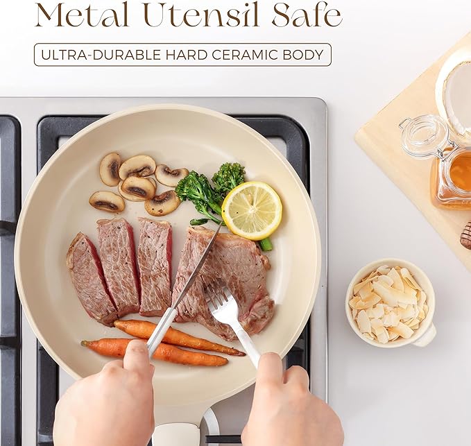 PRICUSIS Nonstick Ceramic Frying Pan with Lid, 8/10 Inch Skillet with Stay Cool Handle, Fully Coated, 100% Dishwasher Safe, Oven Safe, PTFE PFAS & PFOA Free (8 Inch, Coconut White