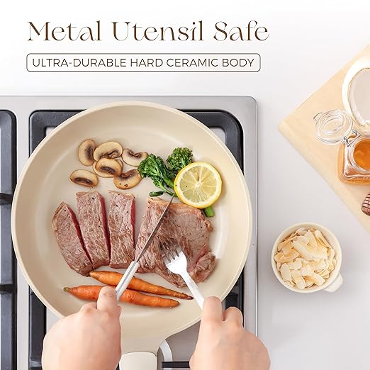 Nonstick Ceramic Frying Pan, 8/10 Inch Skillet with Stay Cool Handle, Fully Coated, Induction Compatible & Oven Safe, 100% Dishwasher Safe, PTFE PFAS & PFOA Free（8 Inch, Coconut White）