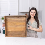20"x20" Extra Large Square Ottoman Tray, Heavy Duty Mango Wood, for Serving Tea, Breakfast in Bed, Living Room Large Coffee Table Tray Rustic with Farmhouse Style, Decorative Handles and Accent Strap