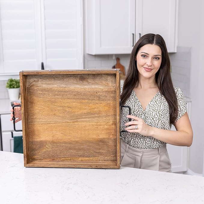 20"x20" Extra Large Square Ottoman Tray, Heavy Duty Mango Wood, for Serving Tea, Breakfast in Bed, Living Room Large Coffee Table Tray Rustic with Farmhouse Style, Decorative Handles and Accent Strap