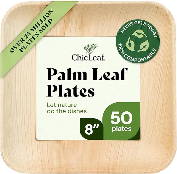 Chic Leaf Disposable Palm Leaf Plates - 50 Count, 8" Square, Natural - Bamboo Plates Disposable, Biodegradable & Compostable - Microwave Safe & Heavy Duty - Event & Party Supplies - Wedding Decor