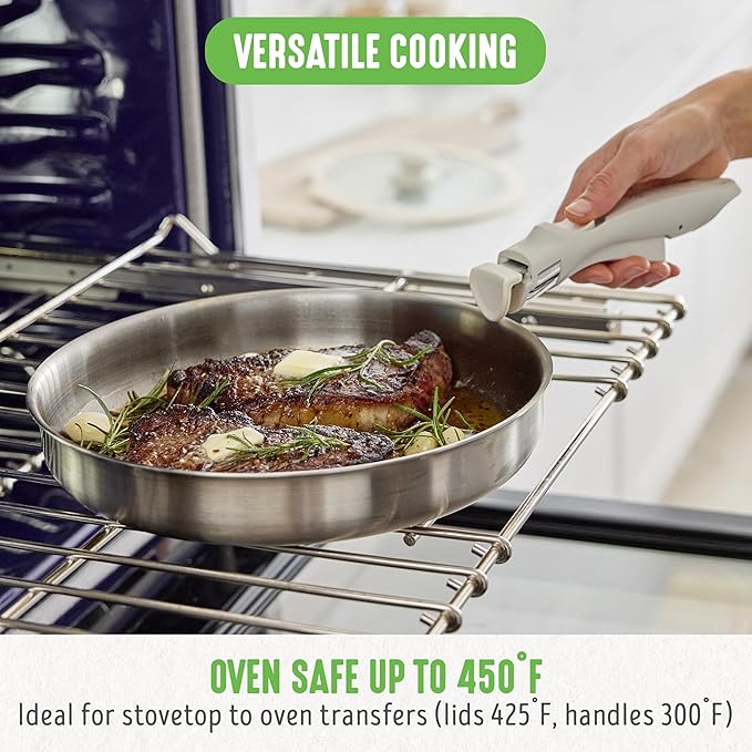 GreenLife 10 Piece Stainless Steel Pots and Pans, Detachable & Stackable Kitchen Set, Tri Ply Clad PFAS Free Cookware, Space Saving with Removable Handle, Induction & Oven Safe, RV Cookware, Glass Lid