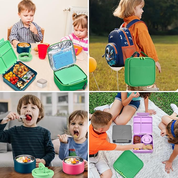 Bento Lunch Box with 8oz Soup Thermo,Kids Leakproof 4 Compartment Lunch Food Containers with Sauce Cup and Ice Pack,Kids Thermo Insulated Hot Food Jar and Lunch Bag for School,Trvael-Green