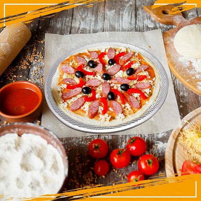 Nuogo 8 Pcs 16 Inch Pizza Pan with Holes Aluminum Mesh pizza Screen Seamless Round Tray for Oven Nonstick Baking Sheet for Kitchen Bakery Restaurant BBQ Party Cookware Supplies