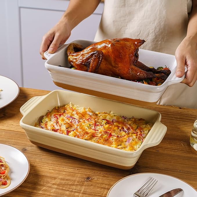 Casserole Dish Cookware , 14.5" Lasagna Pan Deep for Oven, Ceramic Baking Dish, Large Baking Pan with Handles, Durable Bakeware for Lasagna Cake Chicken Turkey, Wedding Housewarming Christma Gift, White
