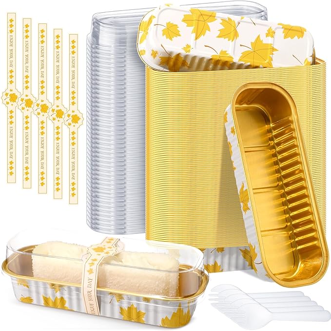 Tioncy 50 Pcs Autumn Themed Mini Pink Loaf Pans with Lids Spoons Sticker Maple Leaf 6.8oz Disposable Rectangle Aluminum Foil Baking Pans Muffin Cupcake Cups for Picnics Fall Birthday Party Supply