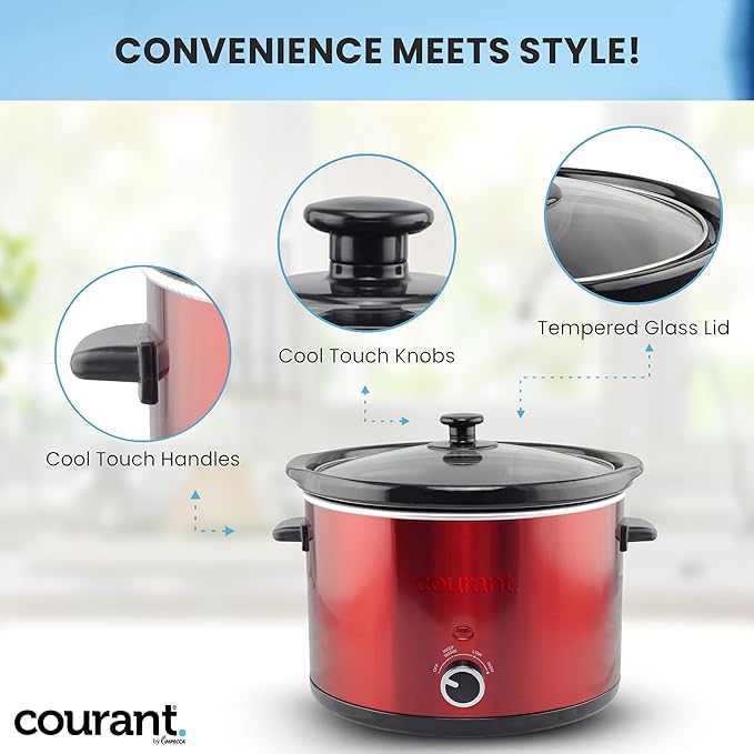 Courant 5.5 Quart Slow Cooker with Removable Ceramic Insert, & Glass Lid With Three Temperature Settings – Red