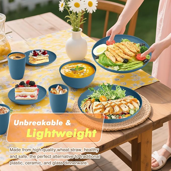 Homienly Wheat Straw Plates and Bowls Set, Premium Wheat Straw Dinnerware Sets- Dinner Plate, Dessert Plates, Cereal Bowls, Drinkig Glasses, Microwave and Dishwasher Safe Dish Set for Camping - Blue