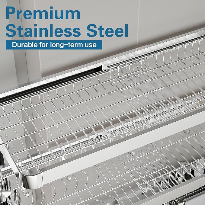 Over The Sink Dish Drying Rack,3 Tier Adjustable Length Full Stainless Steel Large Storage Kitchen Dish Rack,for Kitchen Counter Expandable Multifunctional Organizers,Silver (25.5'' to 37.6'')