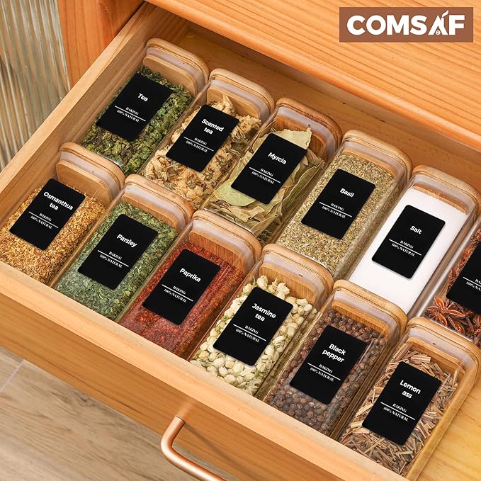 ComSaf 16Pcs Glass Spice Jars with Bamboo Lid, 10oz Airtight Square Containers with 275 Black Lables, Empty Seasoning Jars for Spice Salt Sugar