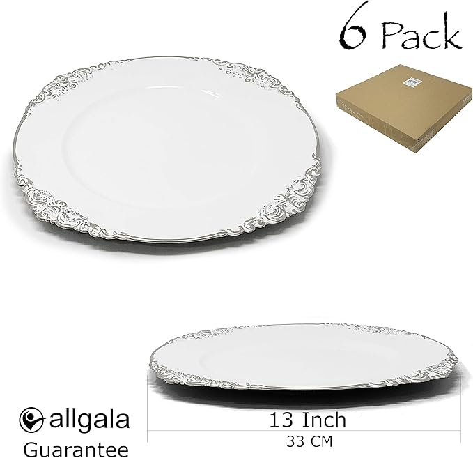 allgala 13-Inch 6-Pack Heavy Quality Round Charger Plates-Floral White Silver Trim-HD80342