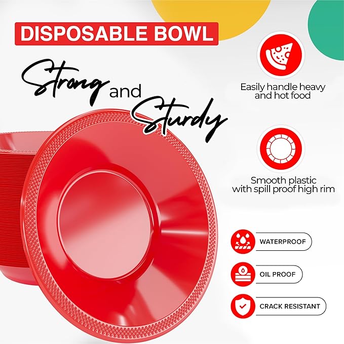 Party Solids 12 Oz Red Plastic Bowls Disposable Bowls for Hot Food Soup 50 Pcs - For Soup, Salad, Cereal, Desserts & Party Supplies