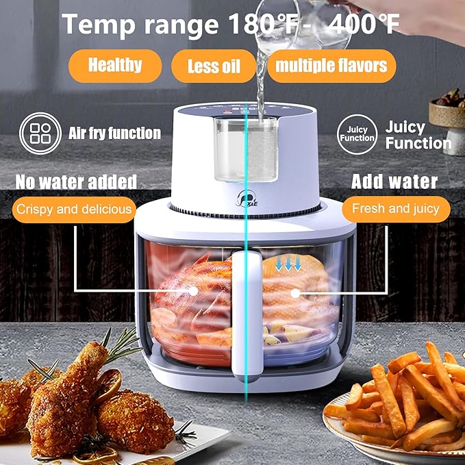 X&E 6-in-1 Glass Air Fryer,5QT Large Capacity, Up to 400°F High Heat,Food-Grade Borosilicate Glass,Easy-Clean Nonstick Basket, Smart Timer & Presets,Healthier, Less Oil Cooking