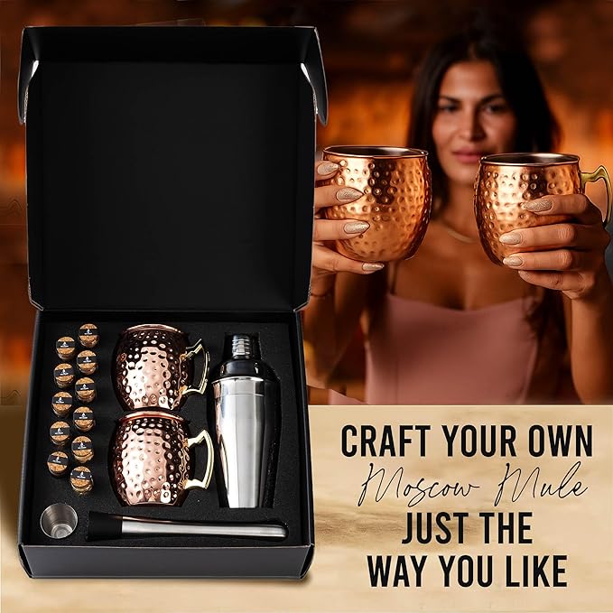 Moscow Mule Kit Gift Set - 2 Copper Mugs - 11 Botanicals - Stainless Steel Shaker & Jigger - Mudder - Recipe Book - Moscow Mule Cocktail Kit - Basket Gifts for Women - Unique Accessories for Infusion