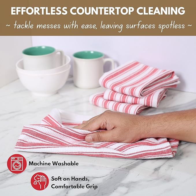 Native Fab 100% Cotton Red Kitchen Towels - 16x26 inches - Set of 4 - Basket Weave Stripe Dish Towels for Cleaning, Drying Dishes, Absorbent Dish Cloths Set with Hanging Loop - Red White